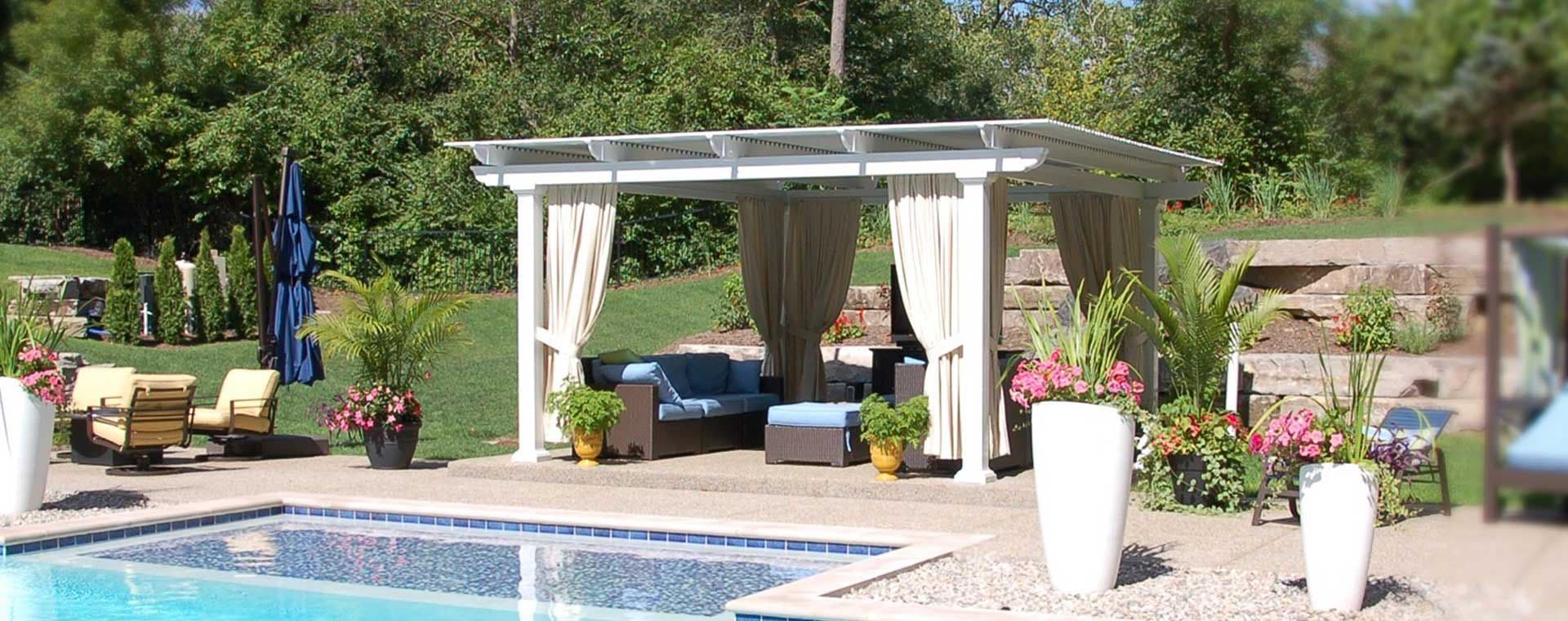 pergola outdoor seating by pool